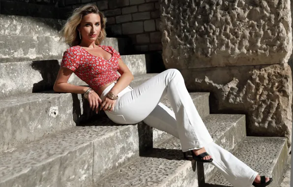 Cleavage, hot girl, outside, shadows, stairway, sexy woman, posing, red top