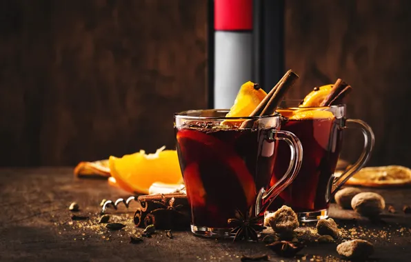 The dark background, table, tea, Board, oranges, Christmas, Cup, New year