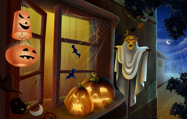 Picture light, night, window, Halloween, pumpkin, Halloween, lanterns