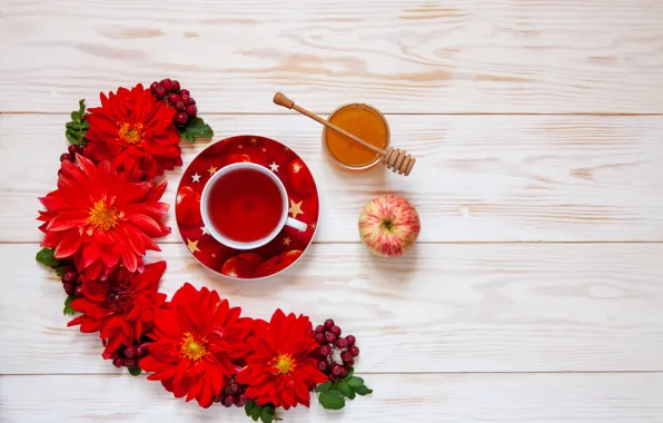 Flowers, tea, Apple, honey, Cup, red, Ellygri