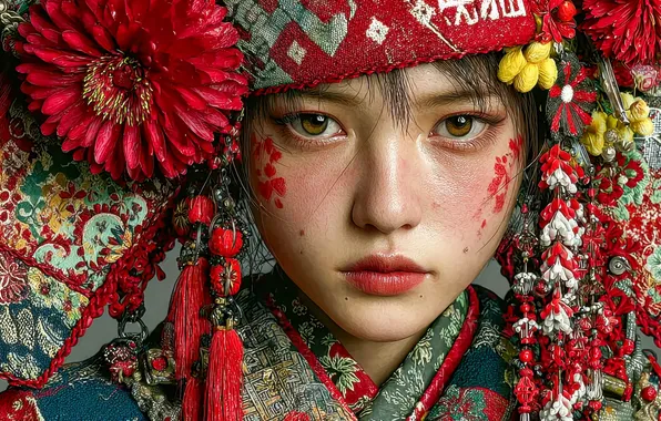 Look, girl, decoration, flowers, paint, portrait, outfit, Asian