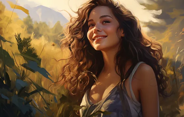Summer, look, leaves, girl, light, mountains, nature, face