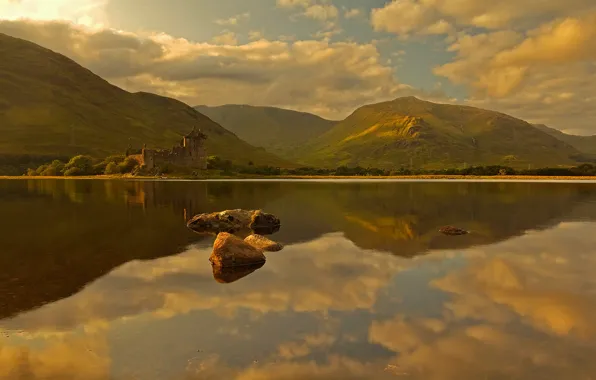 Mountains, lake, stones, castle, Scotland, Kilchurn