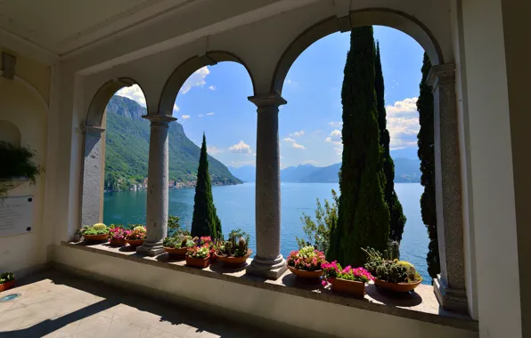 Landscape, flowers, mountains, lake, Villa, home, Italy, arch