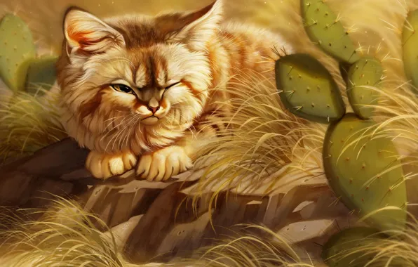 Cat, cactus, by Pixxus