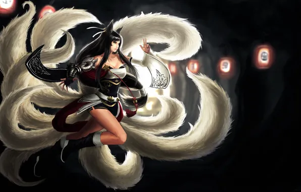 Picture girl, art, lights, ears, league of legends, tails, ahri