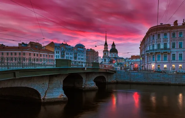 Bridge, the city, river, building, home, morning, Peter, Saint Petersburg