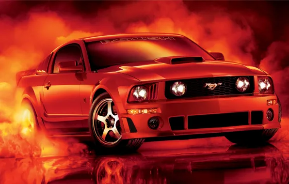 Red, reflection, tuning, smoke, mustang, Mustang, ford, drives