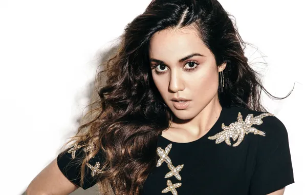 Picture pose, portrait, makeup, actress, brunette, hairstyle, white background, beauty