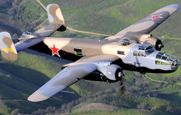 Flight, retro, landscape, the plane, B-25 Mitchel