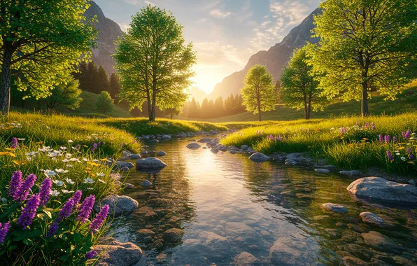 The sky, clouds, mountains, stream, sunrise, spring, sky, mountains