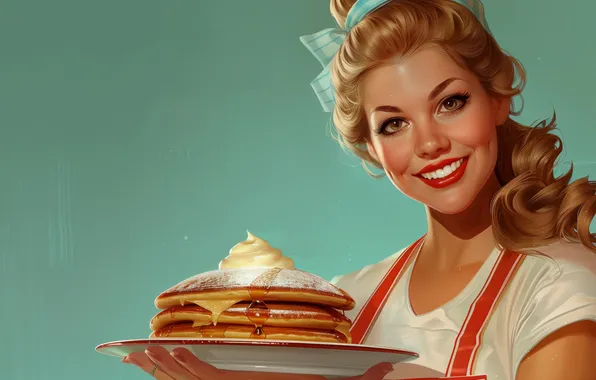 Picture women, blonde, pancakes, portrait, illustration, teal, 1950s, looking at viewer