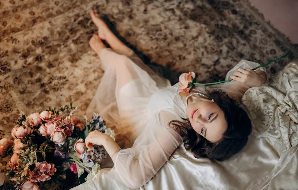 Girl, flowers, pose, carpet, barefoot, necklace, dress, brunette