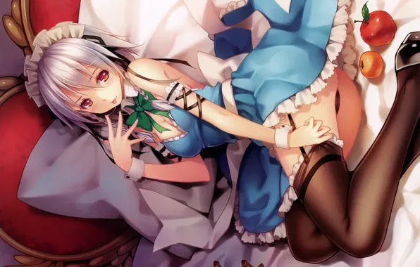 Language, apples, stockings, shoes, bed, lies, pillow, bow