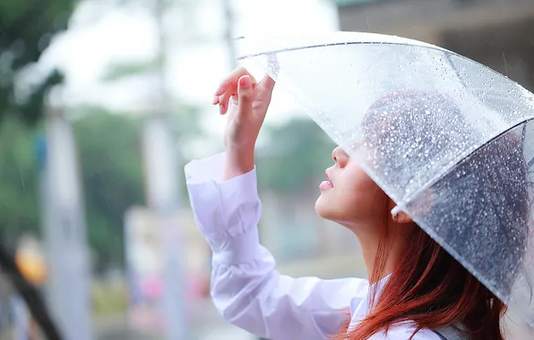 Picture girl, face, umbrella, background, rain, finger