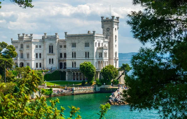 Sea, castle, coast, Italy, Miramare Castle