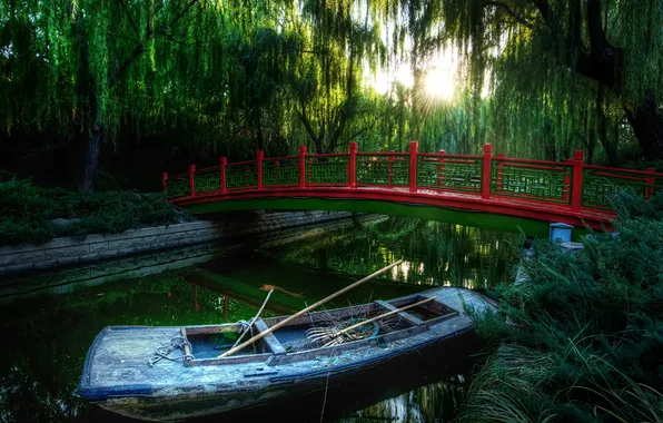 Picture forest, bridge, river, boat