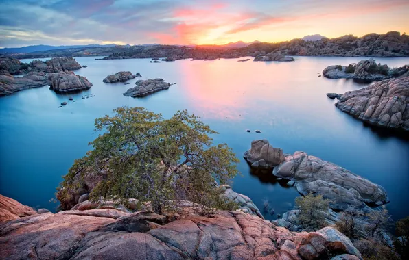 Picture sunset, lake, stones, USA, the bushes, Arizona, Prescott, Watson Lake