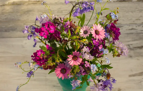 Bouquet, bells, forget-me-nots, cornflowers, geranium, osteospermum, honesty