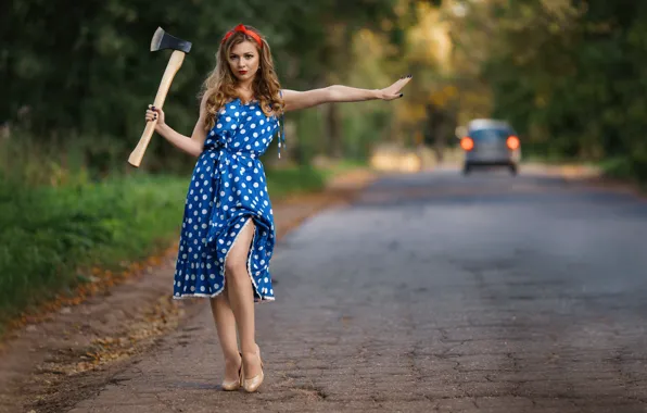 Road, look, girl, trees, model, hand, dress, axe