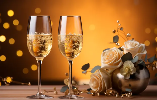 Flowers, holiday, wine, roses, glasses, Christmas, alcohol, New year