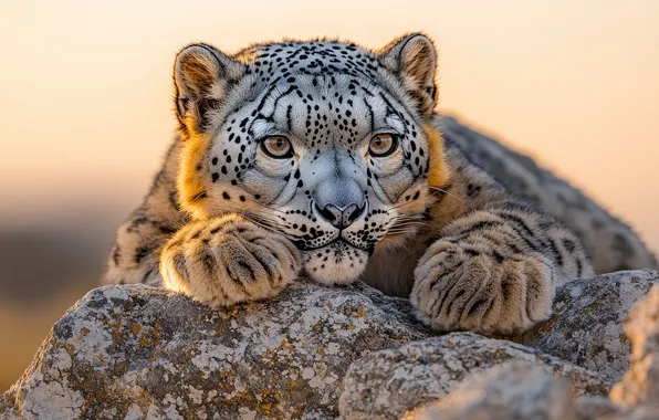 Look, face, light, stones, paws, lies, IRBIS, snow leopard
