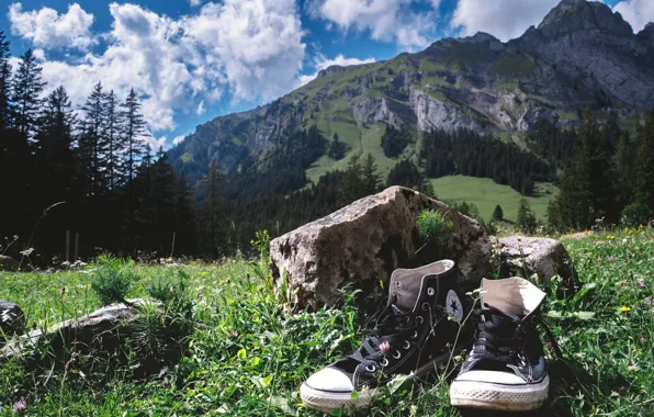 Picture alpine chucks, mountains, sneakers, stones