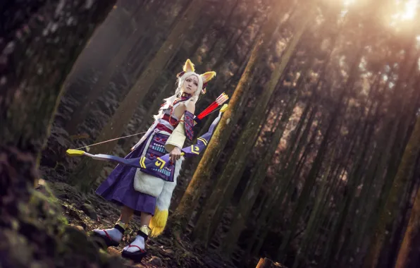 Picture forest, look, girl, light, trees, pose, style, weapons