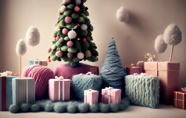 Room, wall, sticks, wool, Christmas, gifts, New year, Mat