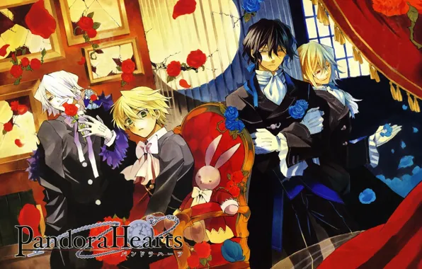 Picture cracked, watch, roses, chair, petals, rabbit, guy, pandora hearts