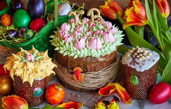 Picture Easter, tulips, cream, decor, eggs, cakes