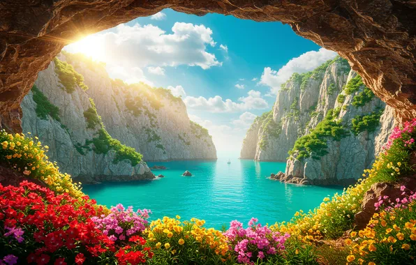 The sky, water, clouds, flowers, mountains, Wallpaper, art, wallpaper