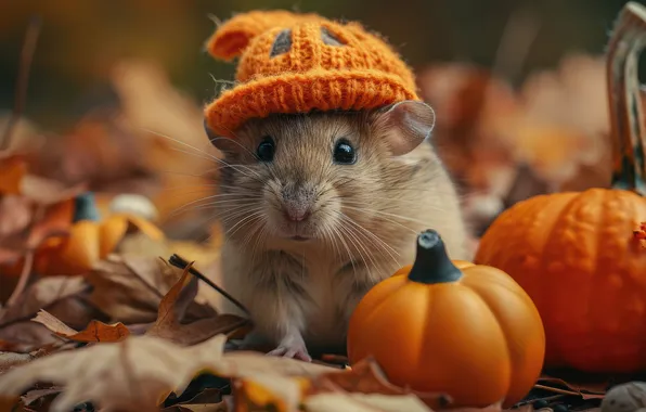 Autumn, look, pose, holiday, hamster, mouse, pumpkin, pumpkin