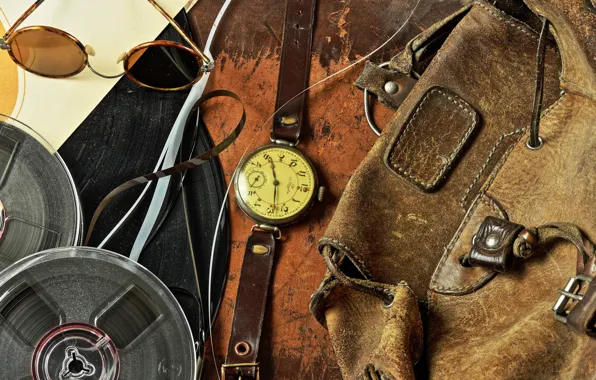 Memories, watch, leather, Retro, glasses, bag, rarity, vintage