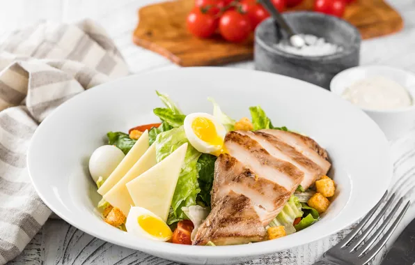 Egg, corn, cheese, meat, tomatoes, salad, Caesar