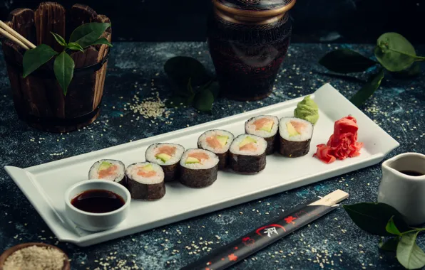 Sticks, plate, figure, sauce, sushi, sesame, wasabi, ginger