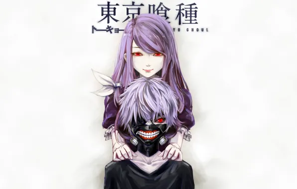 Picture girl, background, mask, guy, red eyes, anime, art, Tokyo ghoul