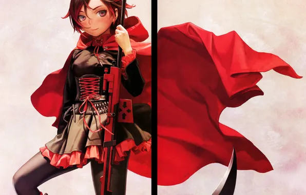 Grey background, rifle, red coat, lacing, mini skirt, death scythe, RWBY, Ruby Rose