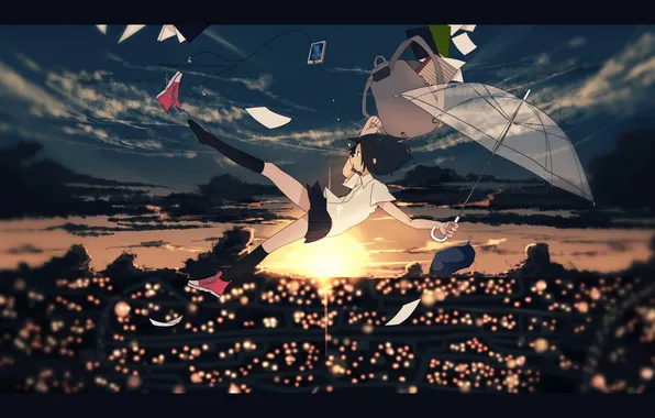 The sky, girl, the sun, clouds, sunset, lights, umbrella, anime