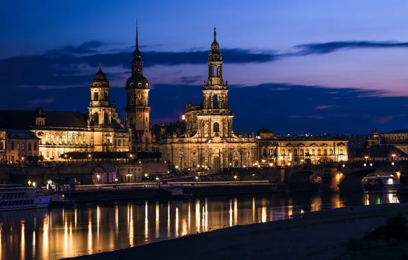 Picture the sky, night, clouds, the city, river, building, Germany, Dresden