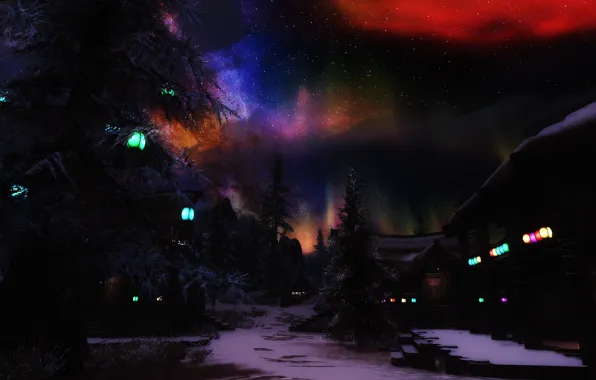 Stars, snow, trees, Northern lights, house, lights night