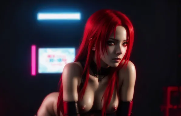 Girl, fantasy, red hair, night, art, erotic, digital art, fantasy art