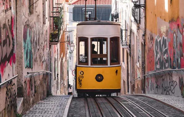 Picture the city, street, graffiti, building, home, tram, Portugal, Lisbon
