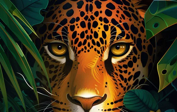 Look, Leaves, Jaguar, Face, Predator, Digital art, Big cat, Closeup