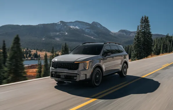 Picture road, trees, mountains, speed, Kia, Sorento, Kia Sorento X-Pro