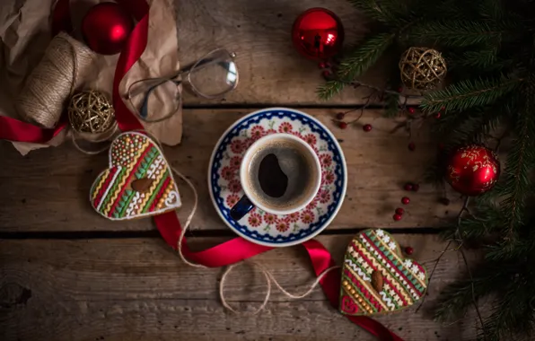Toys, coffee, glasses, drink, gingerbread
