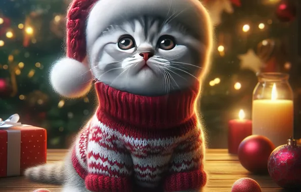 Cat, look, balls, light, red, lights, pose, comfort