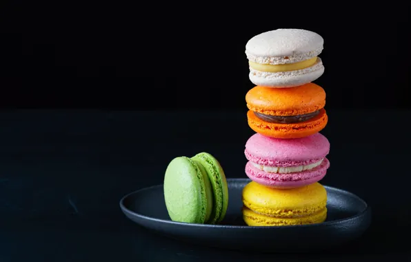 Cookies, stack, cake, black background, colorful, cakes, macaroon