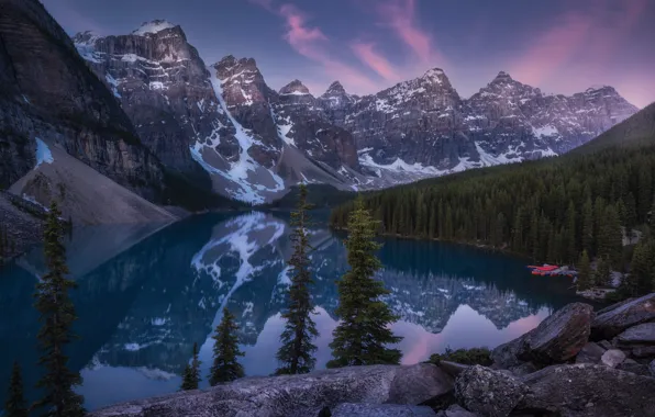Forest, mountains, lake, reflection, dawn, morning, Canada, Albert