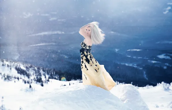 Winter, girl, light, snow, mountains, pose, mood, the situation